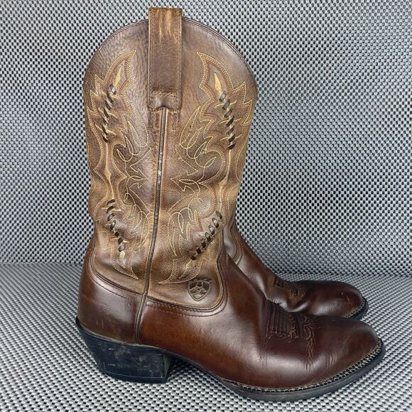 Ariat Cowboy Boots Mens Size 9.5 D Brown Leather Western Round Toe Embroidered